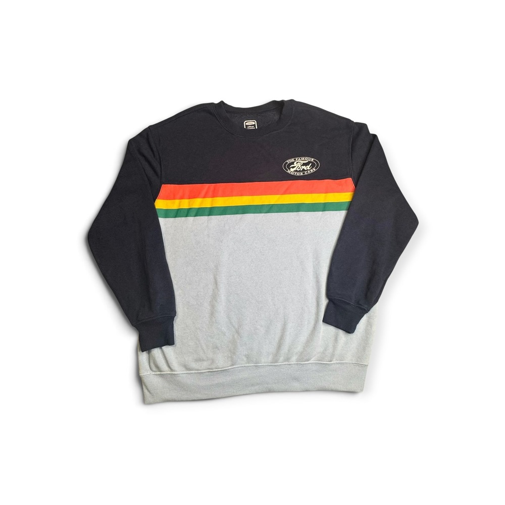 Ford Motor Cars Graphic Sweatshirt Blue  Colorblock Striped Crewneck Small